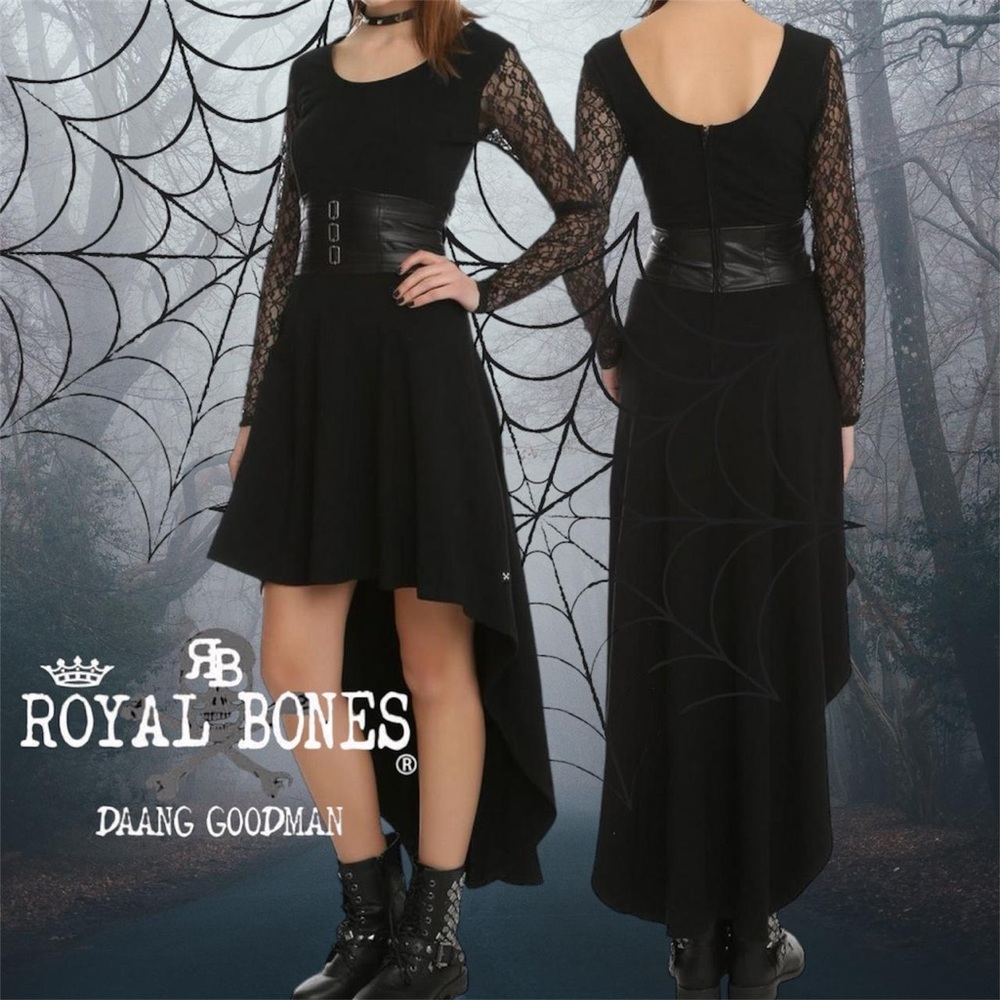 Royal Bones Goth Black High Low Dress with Belt and Lace Arms - Women’s Size M